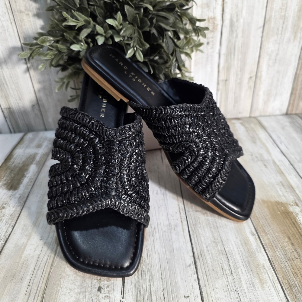 Marc Fisher LTD Black Woven Square Toe Slide Sandals Flat Summer Shoes Mens 9M